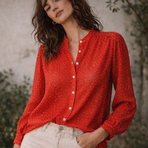 NWT Trovata birds of paradis orange dotted Lilly button blouse